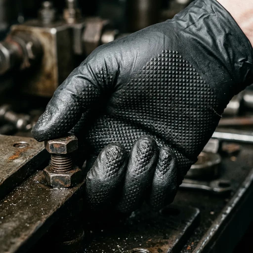 Gryptek heavy-duty black nitrile glove gripping machinery
